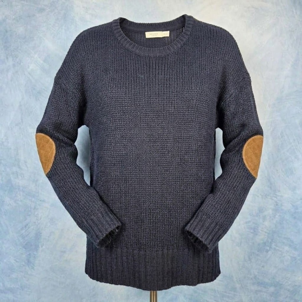 Harper Heritage Womens Navy Blue Knit Sweater Faux Suede Elbow Patches Medium